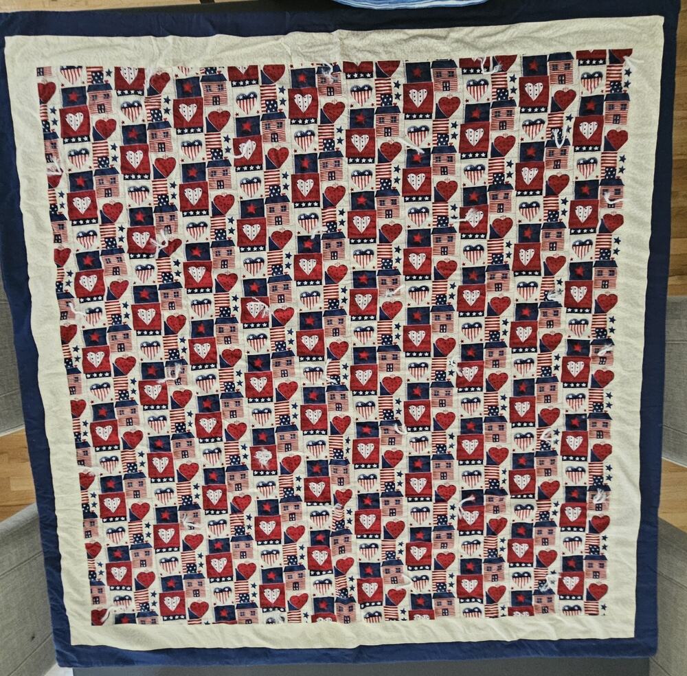 Handmade USA Red White Blue Americana Hearts Quilt 50”x 50", Hand- Knotted